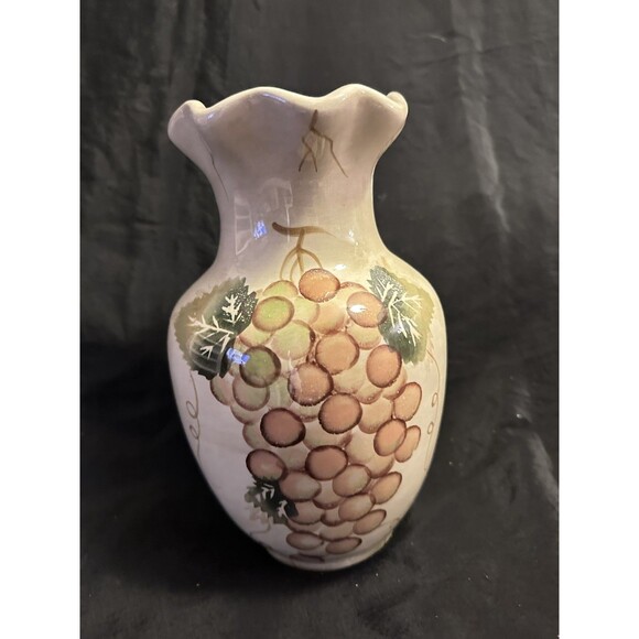 Tabletops Unlimited ~ “Cabernet” ~ 7¾" POTTERY VASE with Hand Painted Grapes - Picture 2 of 8